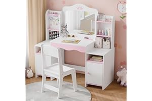 XILINGOL Kids Vanity, Girl Vanity Set with Storage Cabinet & Open Shelf, 2 In 1 Kids Vanity Table and Chair Set with Jewelry Storage, Princess Toddler Makeup Vanity with Mirror for Little Girls (White)