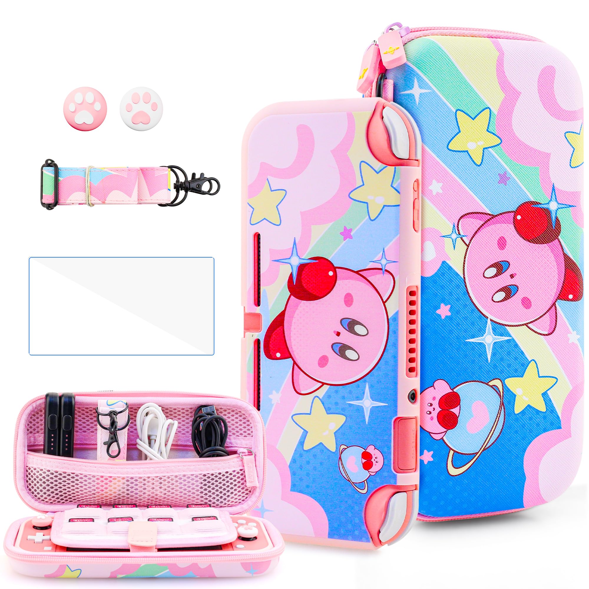 HYPERCASE Cute Anime Switch Lite Case Kit with Pink Travel Carrying Bag for Lite Accessories Storage, Softshell Switch Lite Cover Skin, HD Screen Protector, Shoulder Strap & 2 Kawaii Thumb Caps
