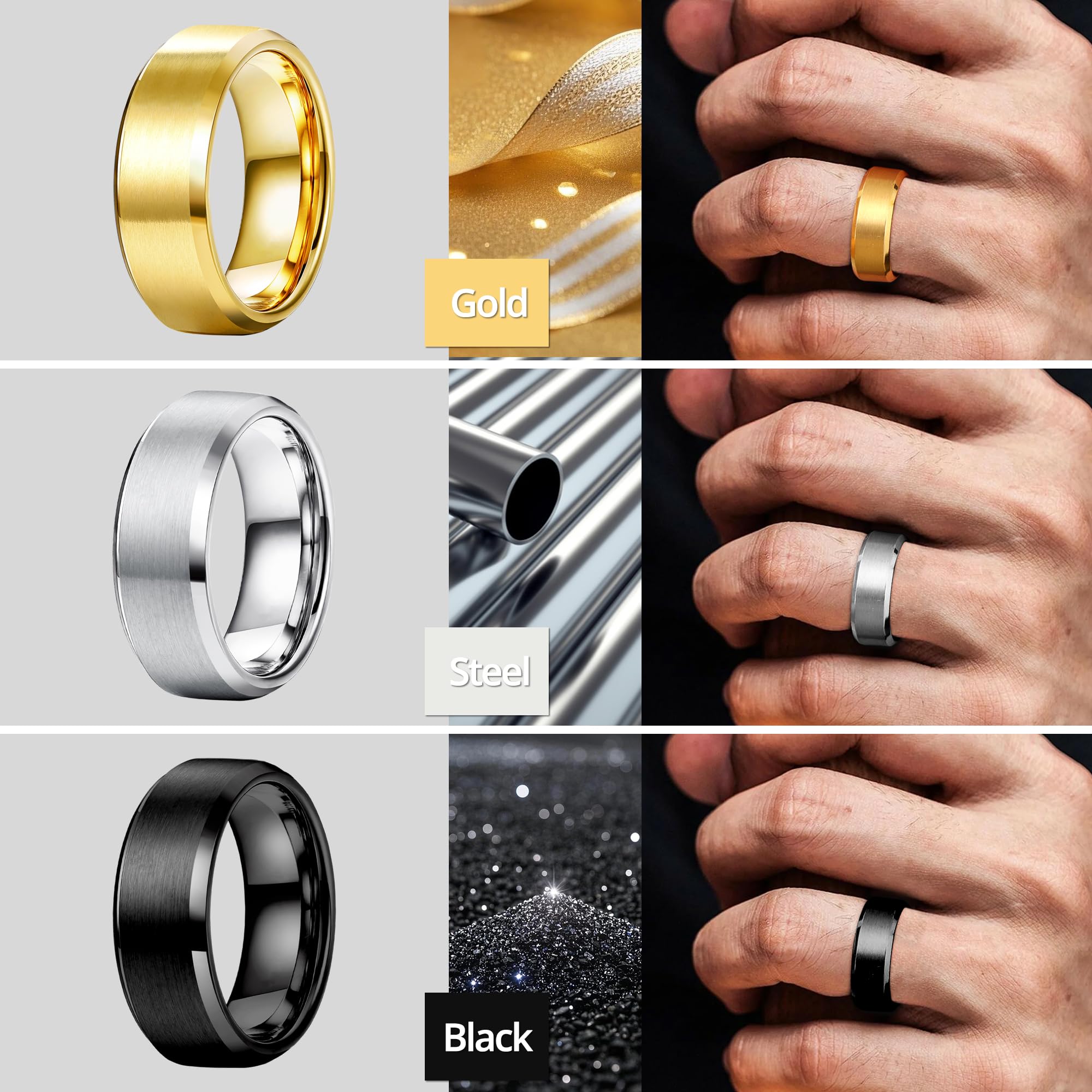 Jstyle Stainless Steel Rings for Men Wedding Ring Cool Simple Band 8MM Width 3 Pcs A Set