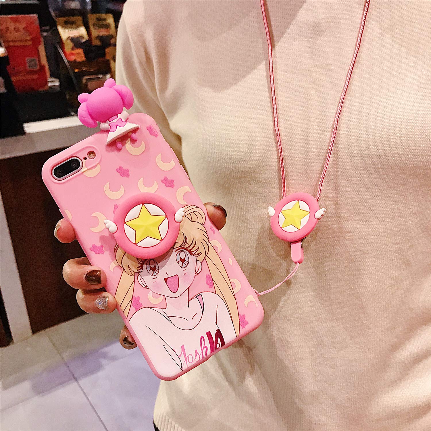 MOQINO Cartoon Funny Pink Sailor Moon For iPhone Case Holder Stand Strap Soft TPU Case Cover Phone Case (Style 1,For iPhone 7/8)