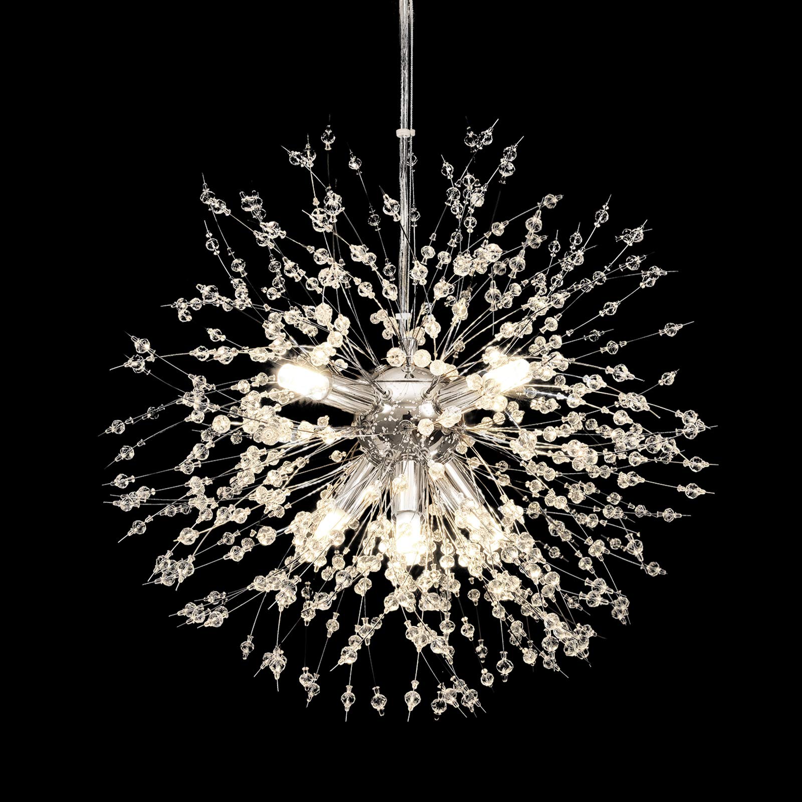 HUOKU Chandelier Modern Crystal Pendant Lighting,Chrome Dandelion Firework Chandelier,Ceiling Pendant Lamp for Dining Room, Bedroom, Kitchen, Living Room(8-Light,Dia 17.5 Inch)