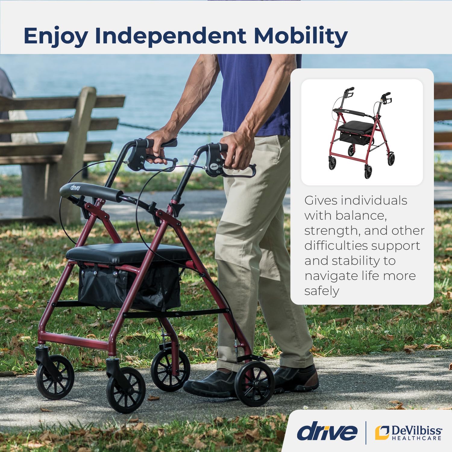 Drive Medical Aluminum Rollator Walker Fold Up and Removable Back Support, Padded Seat, 6