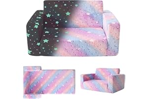 Truwelby Kids Sofa, Glow in The Dark Toddler Chairs Children's Extra Wide Convertible Sofa to Lounger - Extra Soft 2 Seats 2 in 1 Flip Open Chair & Sleeper, Toddler Couch, Kids Sofa Bed