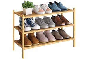 BMOSU 3-Tier Bamboo Shoe Rack Premium Stackable Shoe Shelf Storage Organizer for Hallway Closet Living Room Entryway Organizer(Natural)