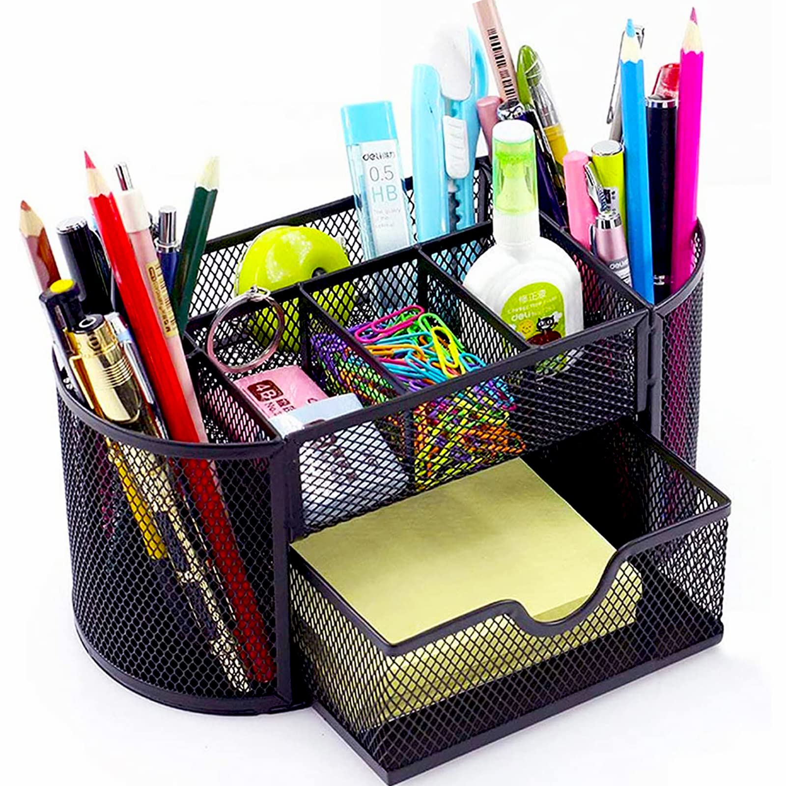 Lenfuos Mesh Desk Organiser Desk Tidy Metal Pen Holder with 8 Compartments and 1 Drawer, Stationery Storage Desktop Organiser for Home, Office, School — image 1