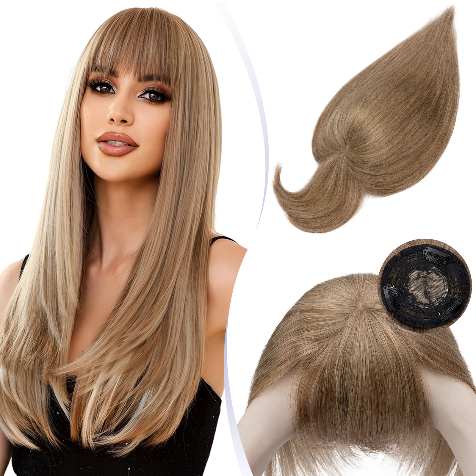 TESS Hair Toppers For Thinning Hair Women Real Human Hair Topper With Bangs Fringe Mono Base Natural Crown Hairpiece - #06 Light Brown - 12 Inch — image 1