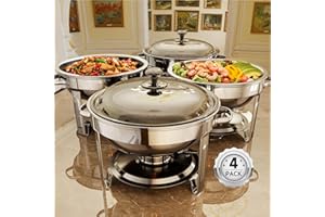 Chafing Dishes for Buffet, 4 Pack 5QT Round Stainless Steel Chafing Dish Set for Home Parties, Christmas Gatherings, Catering