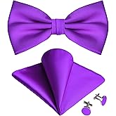 GUSLESON Solid Color Unusual Wrapping Adjustable Pre-tied Bow Tie and Pocket Square Cufflink Set with Gift Box