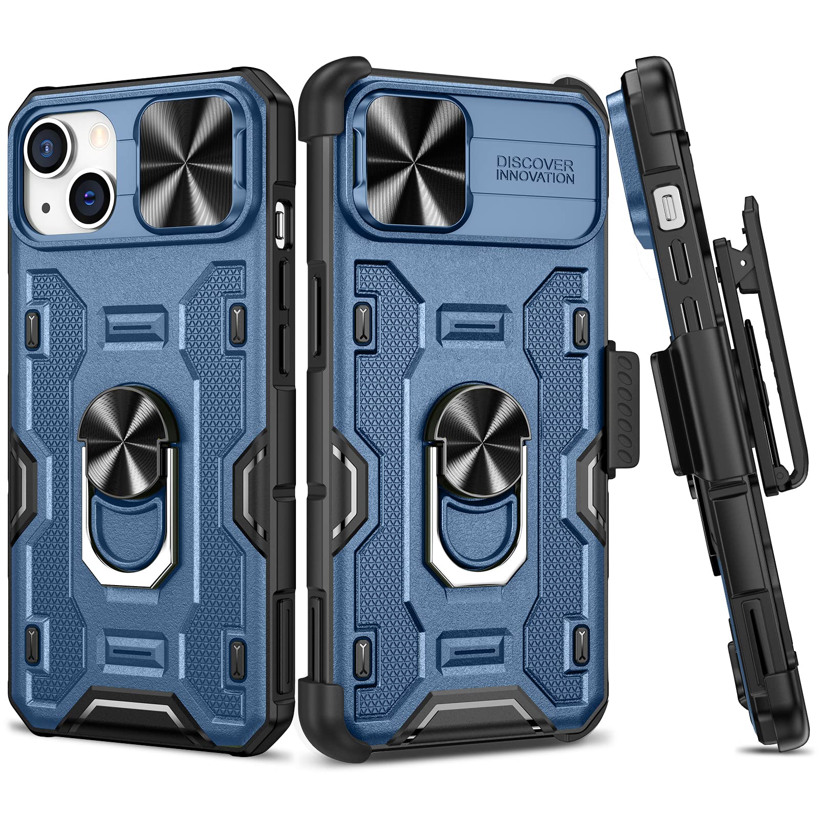 VEGO Case for iPhone 13/ iPhone 14, with Belt Clip Holste & Slide Camera Cover & Magnetic 360°Rotatable Ring Kickstand Heavy Duty Protection Rugged Cover for iPhone 13/ iPhone 14 - Blue