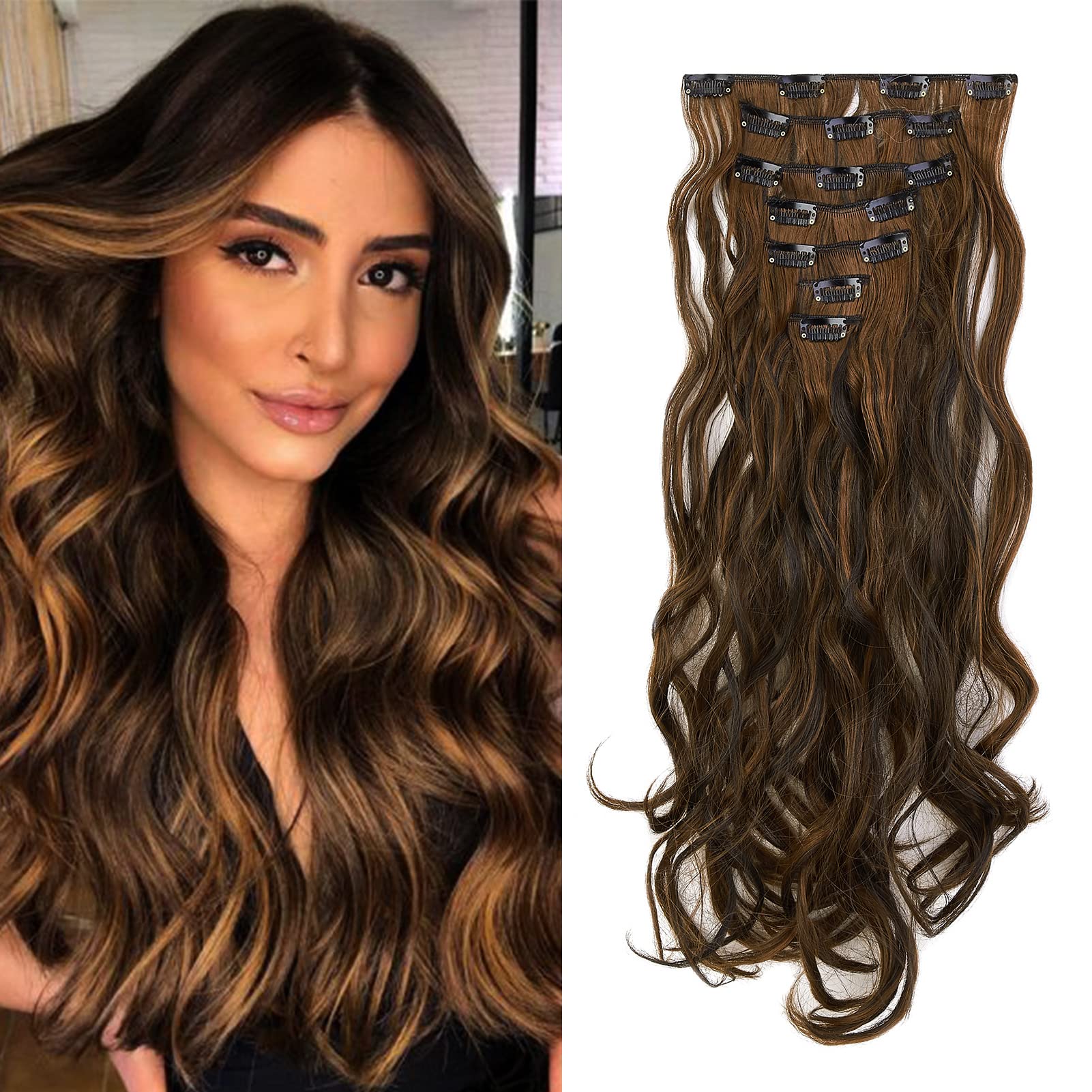 Gairyan 20inch Curly Hair Extensions Clip in Long Hair Extension Highlight 7PCS Full Head Synthetic Wavy Hairpiece for Women (Dark Brown & Light Auburn) โ image 1