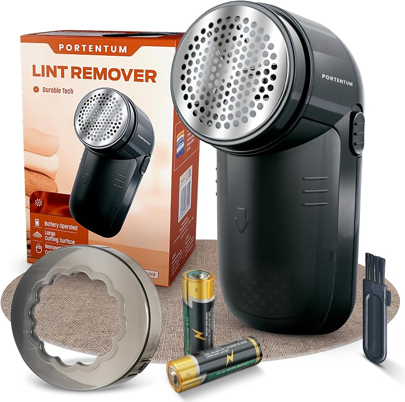 Removedor de fiapos elétrico portentum - removedor de pellets para roupas, lâminas de aço inoxidável. recipiente de fiapos removível. baterias incluídas. acessórios: escova de limpeza