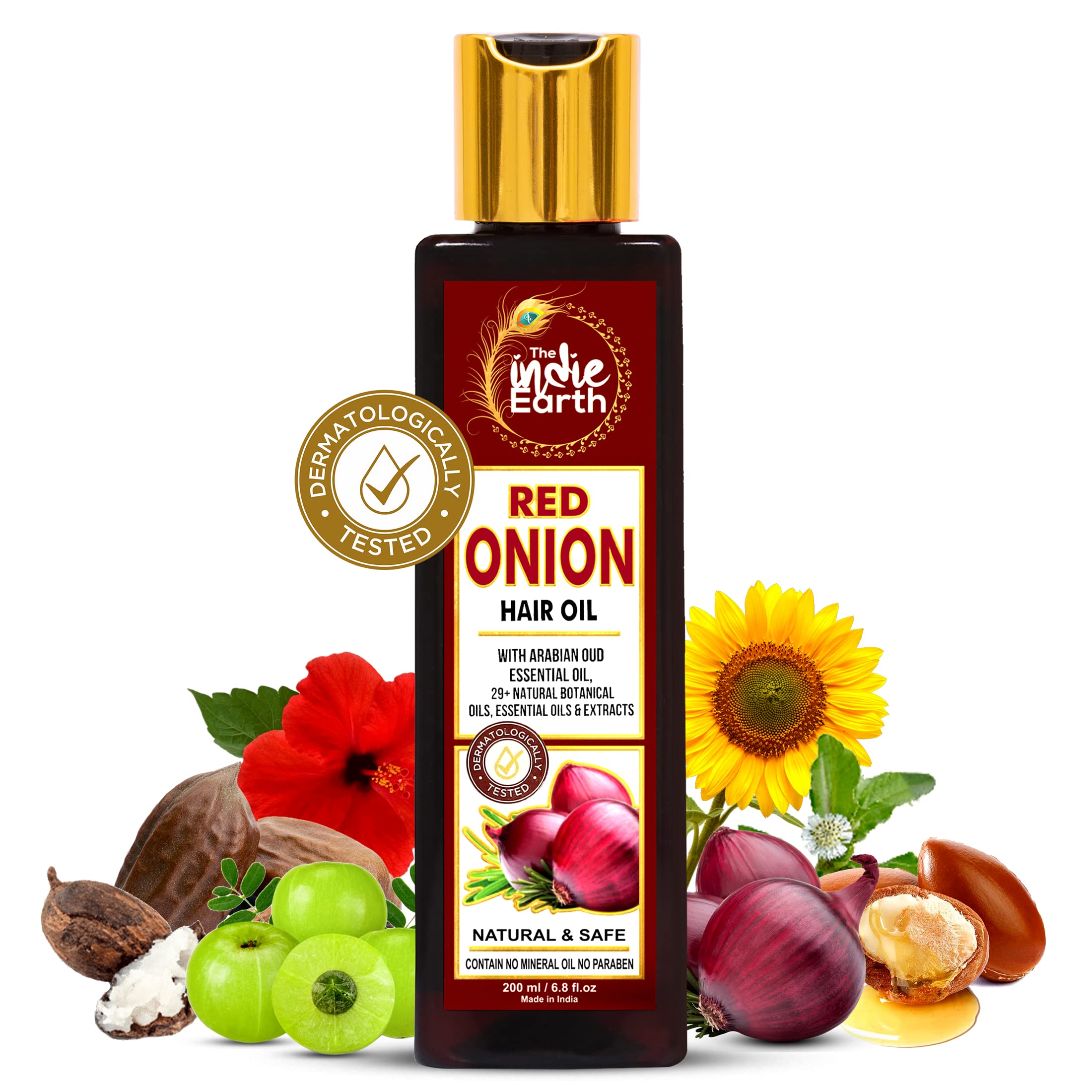 THE INDIE EARTH RED ONION HAIR OIL 200 ML - ANTI HAIR LOSS & HAIR GROWTH OIL WITH BLACK SEED, CURRY LEAF, HIBISCUS BHRINGRAJ & 29+ NATURAL OILS & EXTRACTS | BEST ANT HAIR FALL OIL