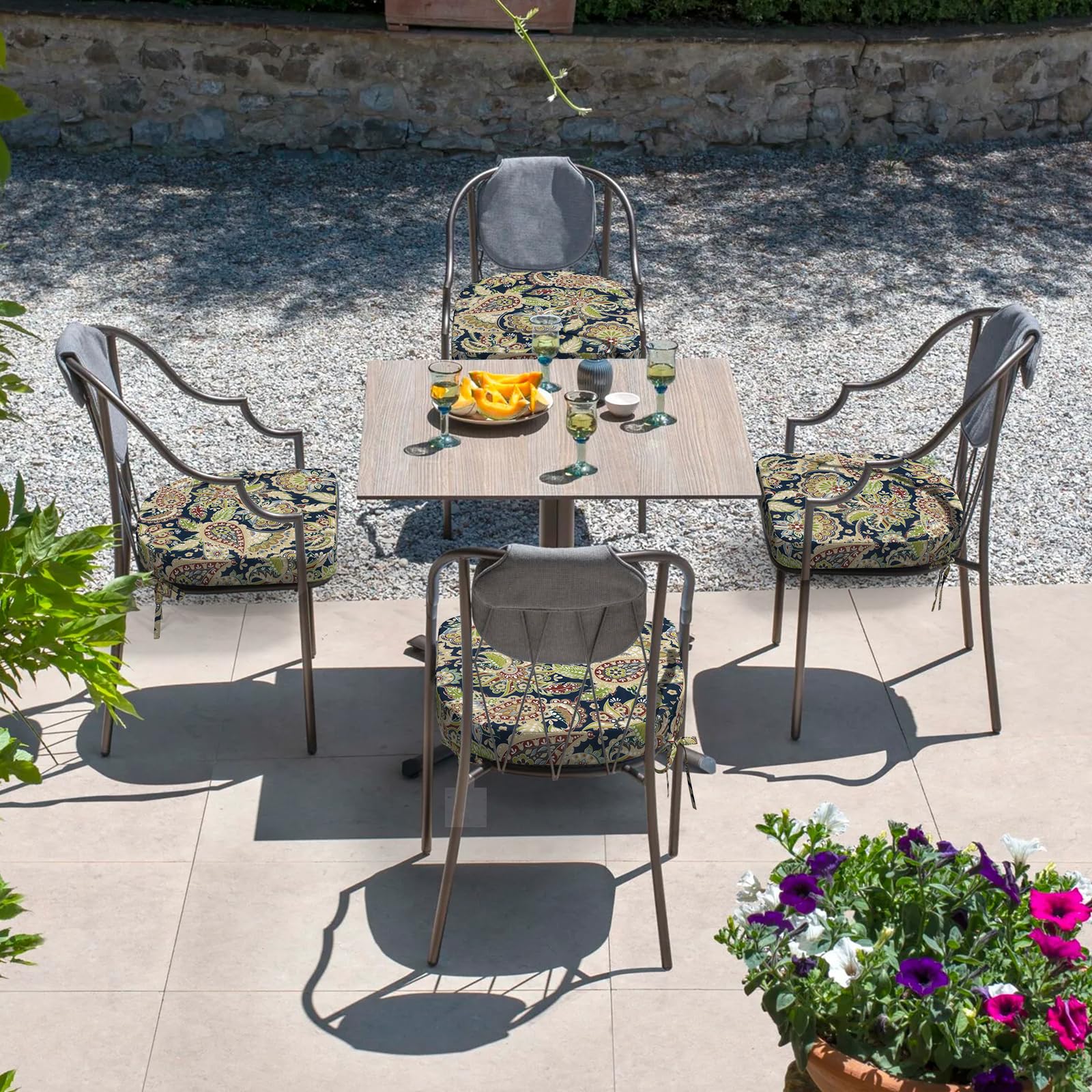 Condition photo showing As Is for dytxiii outdoor chair cushions set of 4, 19"x19"x2.5" water repellent & fade resistant patio dining 