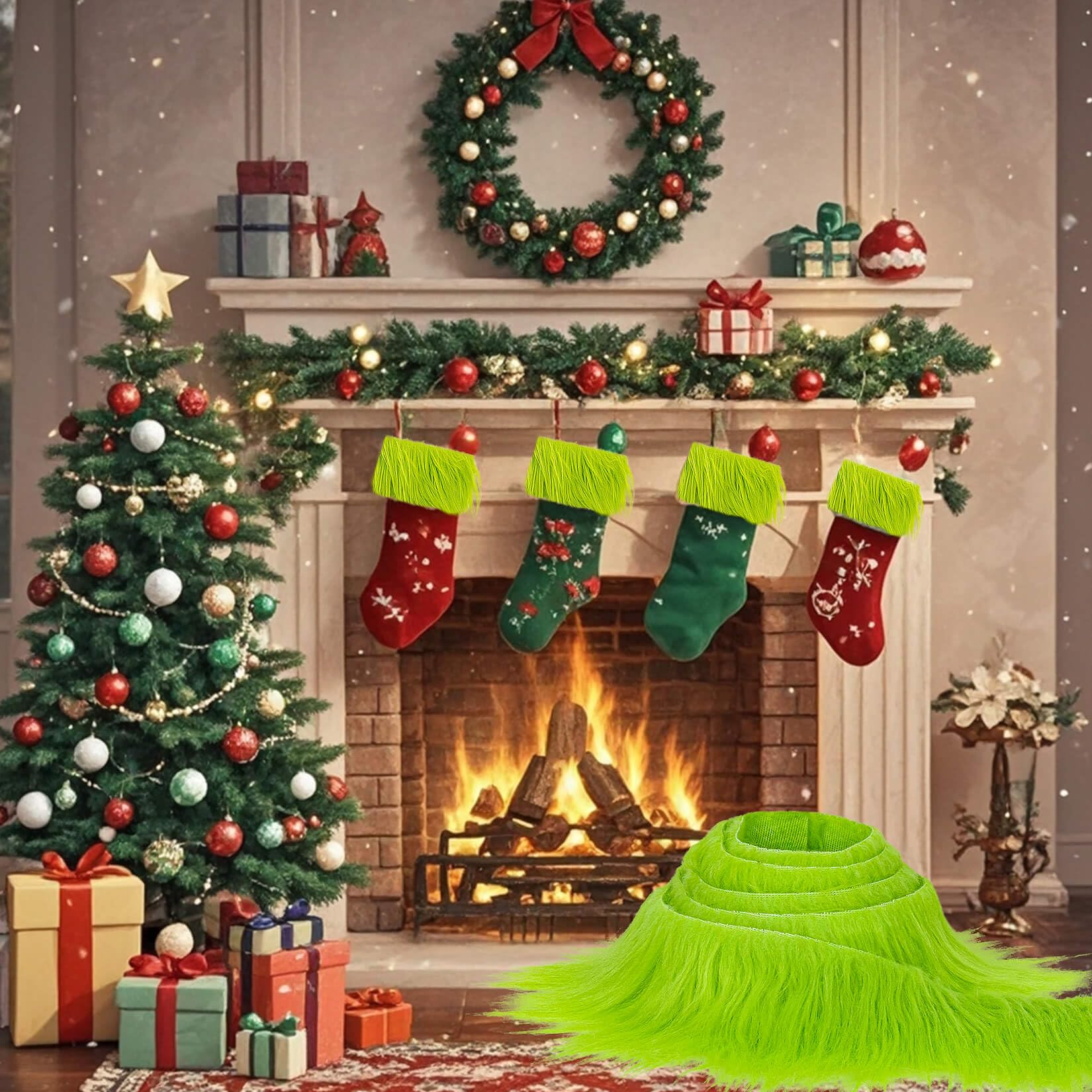 Sukh Shaggy Faux Fur Fabric - 2 x 60 inch Green Faux Fur Trim Precut Fabric Strips Soft Plush Patches for Fuzzy Craft Christmas Tree Trim Gnome Beard Cosplay Costume (1)