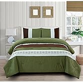 Grand Linen 3 Piece Queen Size Sage Green, Chocolate Brown, White Scroll Embroidery Down Alternative Comforter Set. Perfect Bedding for Any Bedroom or Guest Room