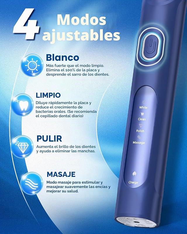 Escova de Dentes Elétrica Rotativa para Adultos com 8 Cabeças (2 Tipos) Recarregável e 2 Min Smart Time, 4 Modos Escova de Dentes Elétrica Deep Clean (Deepblue)