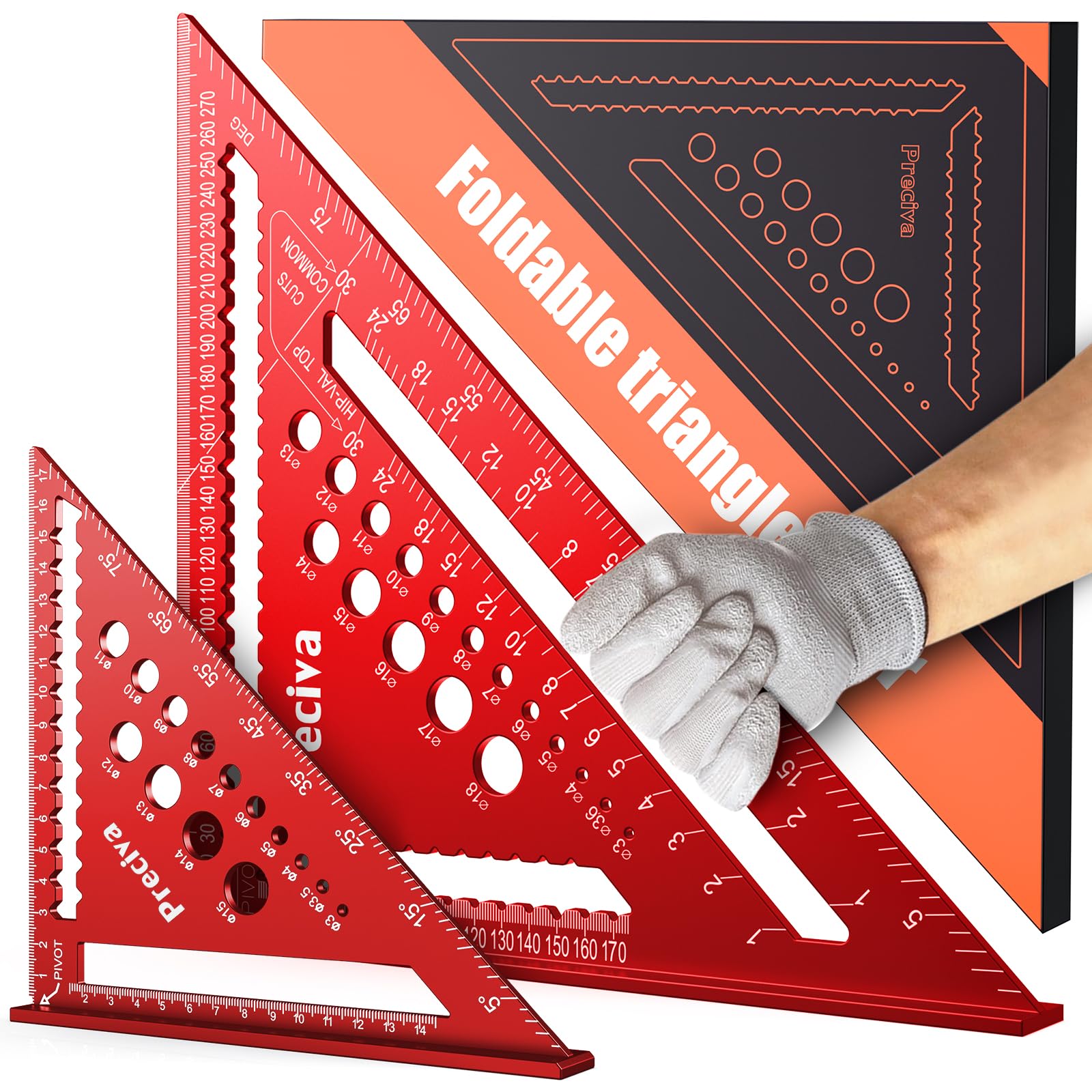 Speed Square Metric, Preciva 7inch+12inch Carpenters Tools with 14 Types of Drill Holes, Multifunctional Aluminum Alloy Triangle Ruler for Builders Joiners