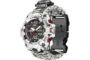 SMILKAT 23-in-1 Survival Military Digital Watch, Mens Tactical Multi-Functional and Adjustable Wristband Outdoors Waterproof Sports Dual Dial Watches with Compass Paracord Band