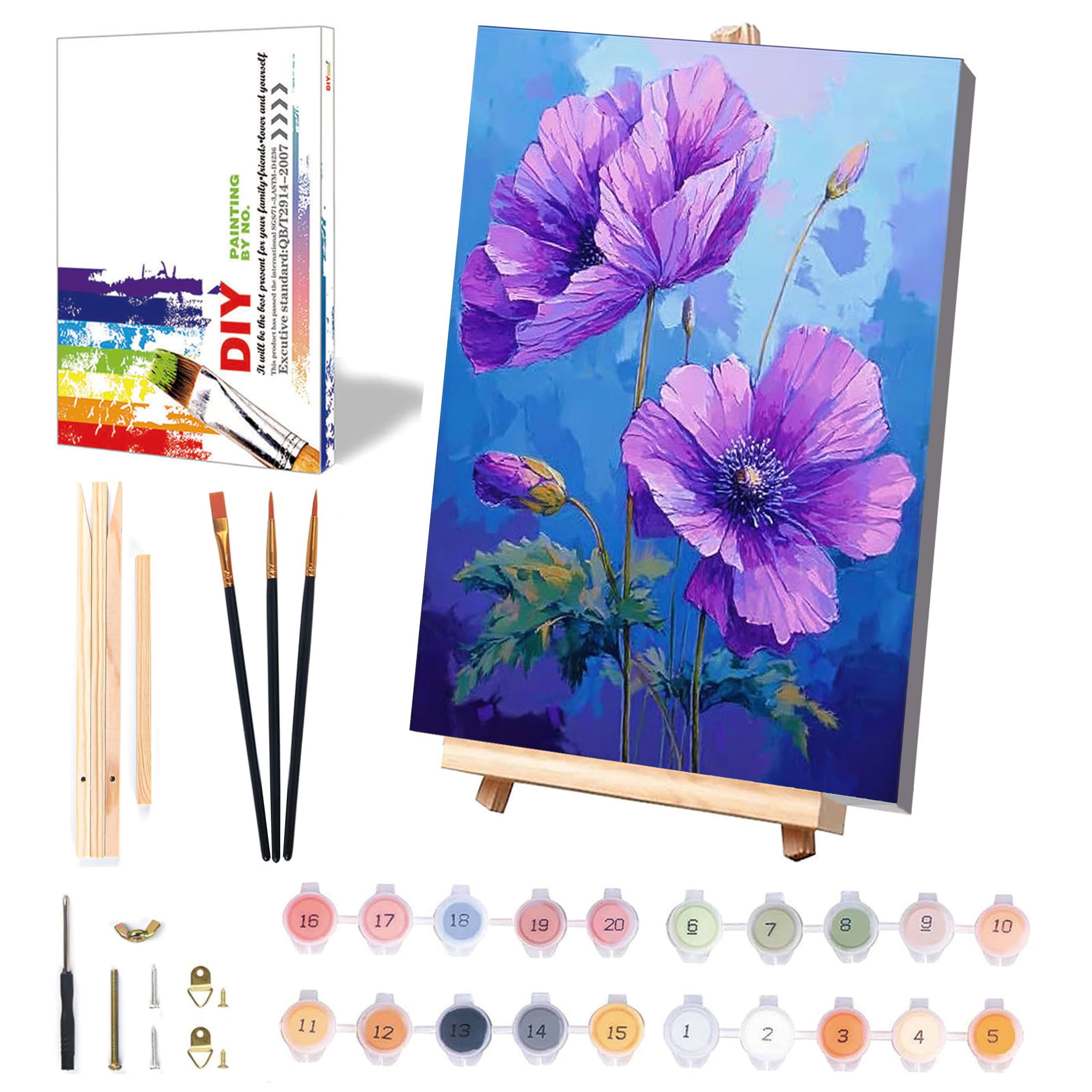 Easy Flower Paint by Numbers for Adults with Framed Canvas & Wooden Easel, Flowers Adult Painting by Number Kit on Canvas, DIY Acrylic Oil Painting Kit with Brushes for Home Wall Decor 8x12 inch — image 1