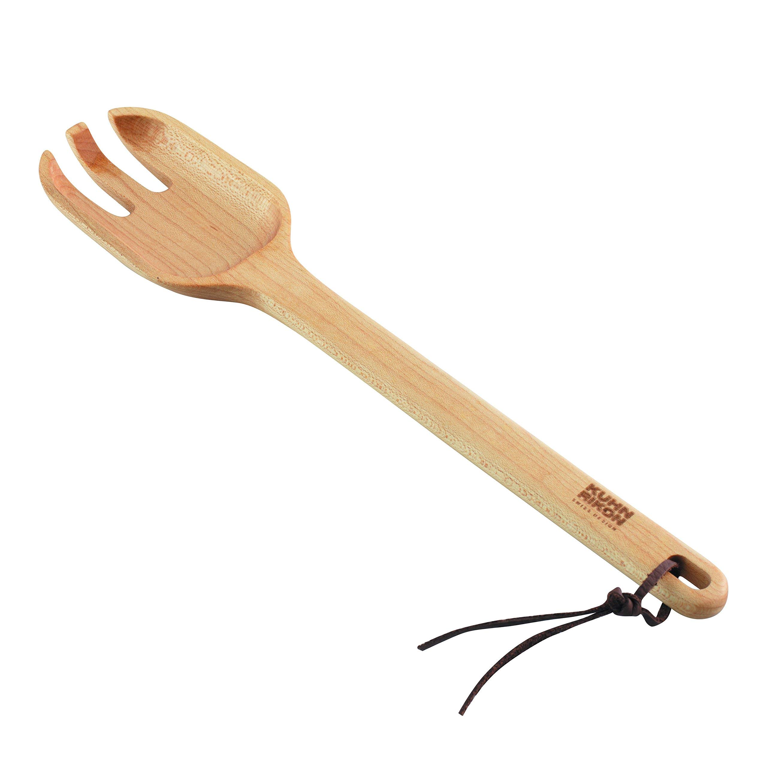 Kuhn Rikon Maple Wood Serving Spoon / Fork with Square Edges and Leather Tie, 30 cm