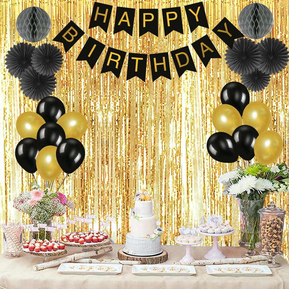 Oisee Birthday Party Decorations Set Black Gold Background Party Supplies Group Banner Honeycomb Paper Lantern Balloon Rain Curtain Tassel Paper Flower Ball