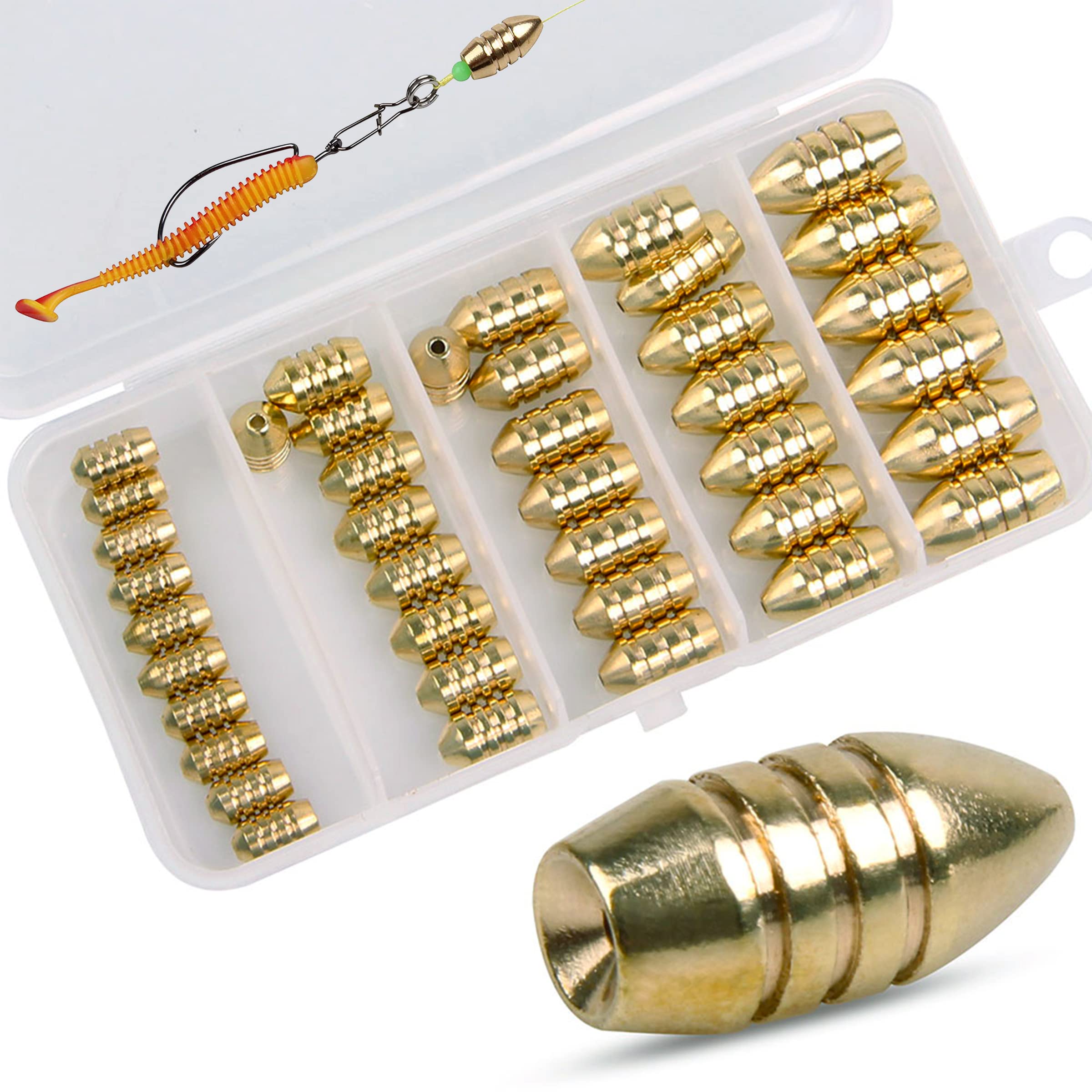 OROOTL Brass Fishing Weight Sinkers Kit, ECO-Friendly Fishing Tackle Accessories Copper Brass Weights Texas Rig Carolina Rig Bass Casting 5 Sizes