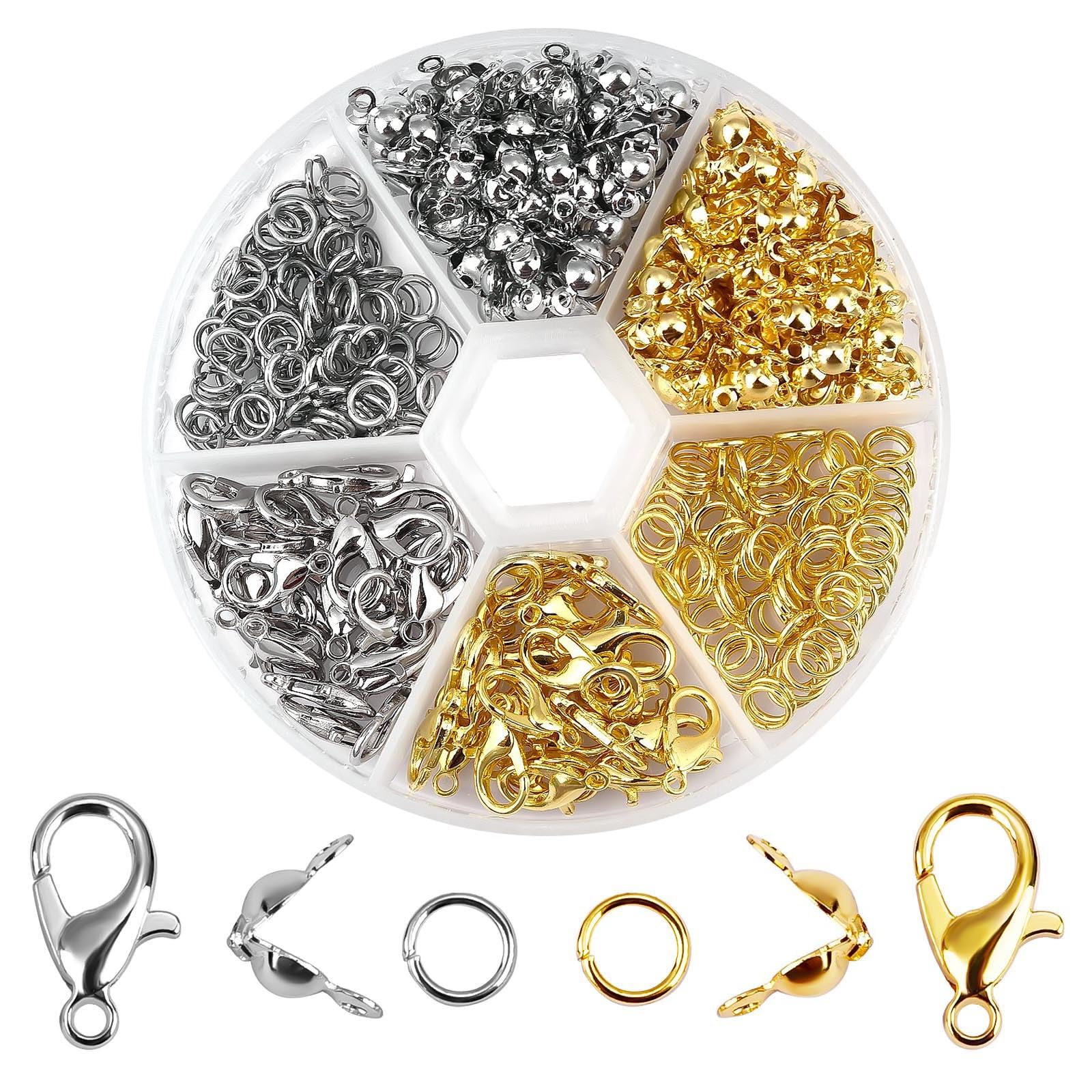 GWAWG 460 PCS Jump Rings Jewellery Making Supplies Bracelet Clasps and Closures 200pcs Guage Open Ring 60pcs Lobster Claw Clasp 200pcs Bead Tips Knot Covers for Earring Necklace Jewelry