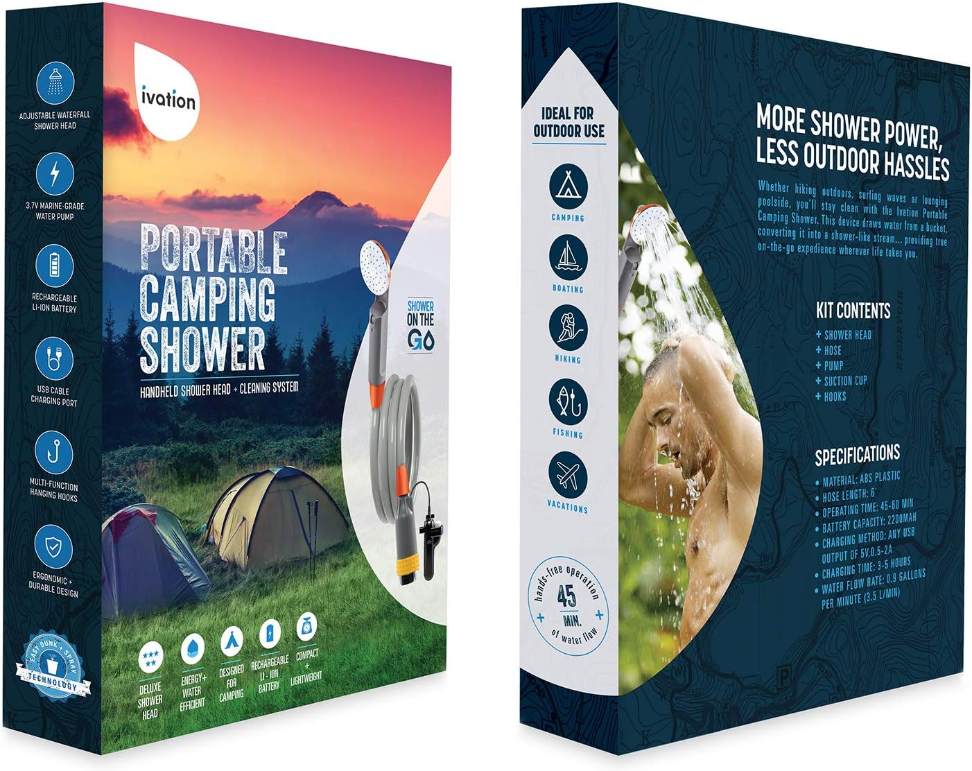 Ivation Portable Camping Shower | Compact Handheld & Hands-Free Rechargeable Outdoor Shower Head & Cleaning System w/ 3.7V Pump, 6-Ft Hose, Bidet Head, Removable Filter, Multiuse Hook & USB Cable : Sports & Outdoors