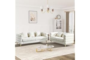 OUYESSIR Living Room Sofa Couch and Loveseat Set, Modern Comfy Boucle Sherpa Deep Seat Cloud Couch with 5 Pillows, Oversized Sofa Furniture Sets for Living Room Bedroom, White Teddy