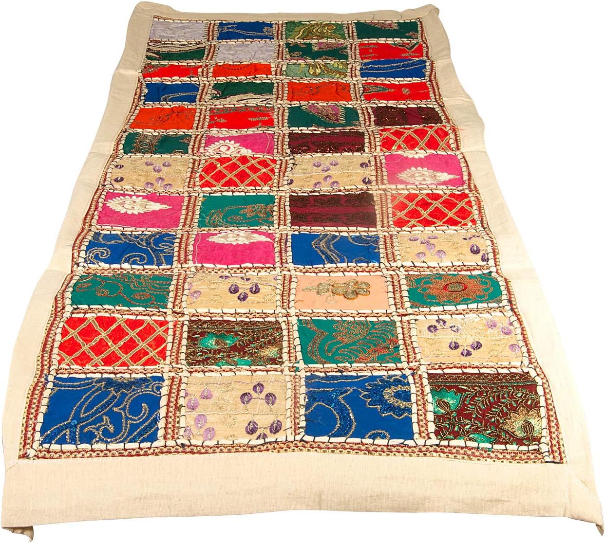 Tribe AzureWhite Table Runner 100% Cotton 18" X 58" Hand Embroidered Boho Bohemian Colorful Patchwork Indian Decoration Decor Tapestry