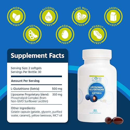 Core Med Science Liposomal Glutathione Supplement - (500mg, 60 Softgels) - High-Absorption Glutathione for Antioxidant & Liver Detox Support with Pure Reduced Setria - Daily Use for Immune Function in Kenya