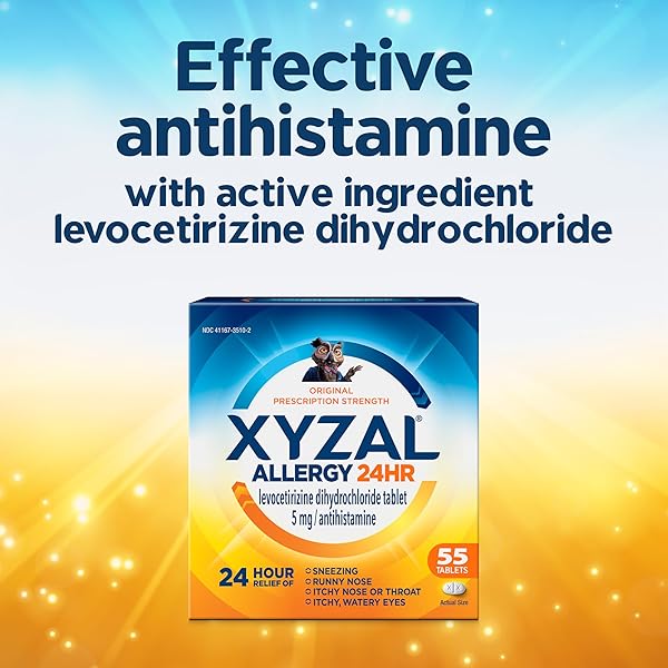 XYZAL 24 HOUR ALLERGY RELIEF MEDICINE, ORIGINAL PRESCRIPTION STRENGTH ANTIHISTAMINE, LEVOCETIRIZINE DIHYDROCHLORIDE TABLETS 5 MG, 55 COUNT