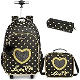 Danfimy Girls Rolling Backpack for School Kids Wheeled Bookbag Set with Lunch Box Primary School Carry On Luggage with Wheels for Elementary Students Cute Daypack for Travel (12810T-3 Black)