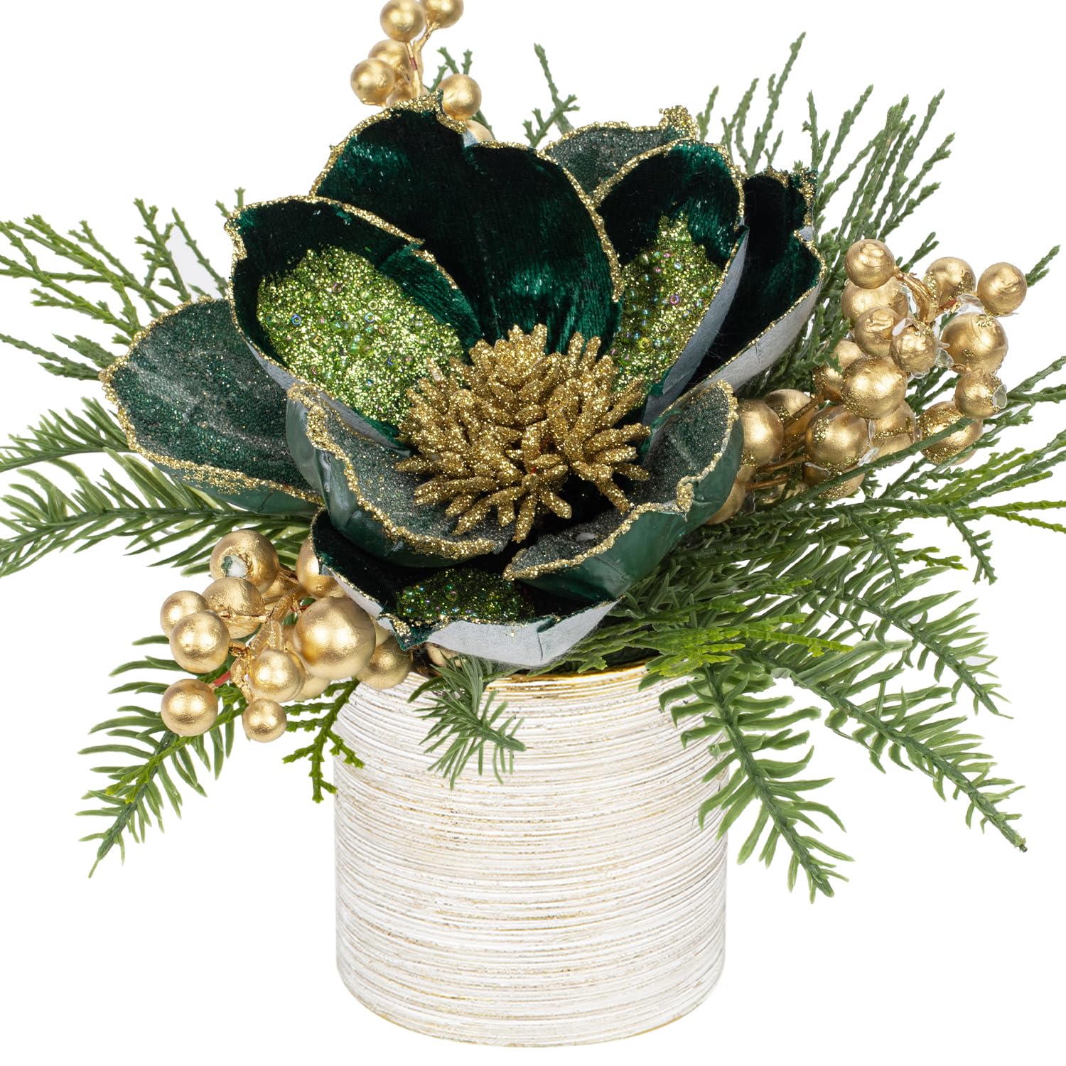 Briful 9" Glitter Magnolia Artificial Flowers in Vase, Christmas Flowers Dark Green Artificial Flowers with Gold Berry Stems in Brushed Finish Ceramic Pot, Fake Magnolia for Xmas Decor