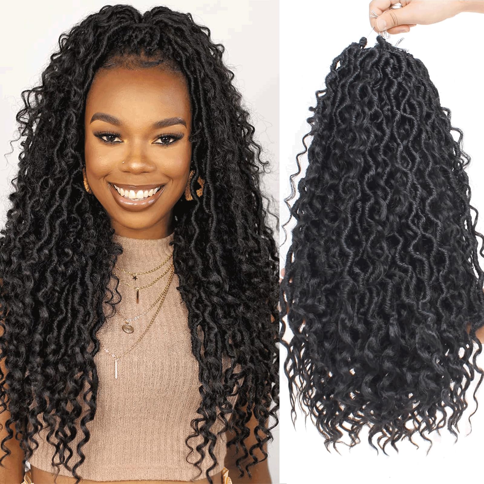 Xtrend 18Inch 8 Packs River Faux Locs Crochet Hair 14Strands/pack Wavy With Curly Hair Pre-looped Synthetic Bohemian Locs Crochet Braids Hair Extensions 1B