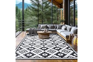 Shilucheng Outdoor Rug 8'x10', Waterproof Area Rug, Reversible Plastic Straw Rug for Patio Decor, Foldable Outdoor Mat for Camping, Picnic, Beach, Backyard Outdoor Carpet(Black & White,8' x 10')