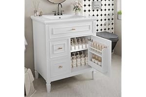 30" Bathroom Vanity with Ceramic Sink, Solid Rubberwood Frame, Soft-Close Doors, Tip-Out Drawer, Pull-Out Drawers, Adjustable