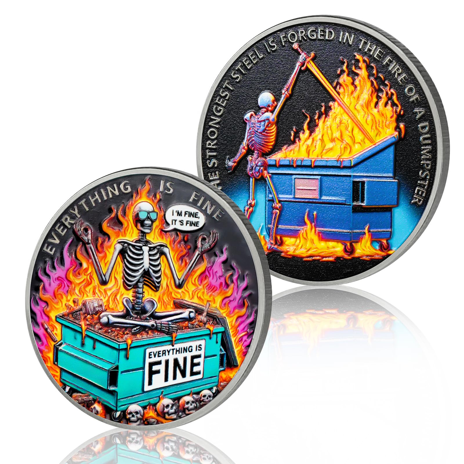 Sunglasses Skeleton Dumpster Fire Coin, Forging Steel Dumpster Fire Challenge Coin - Funny Office Desk Accessories - Novelty Coins Pocket Token - Inspirational Office Gifts for Men Women