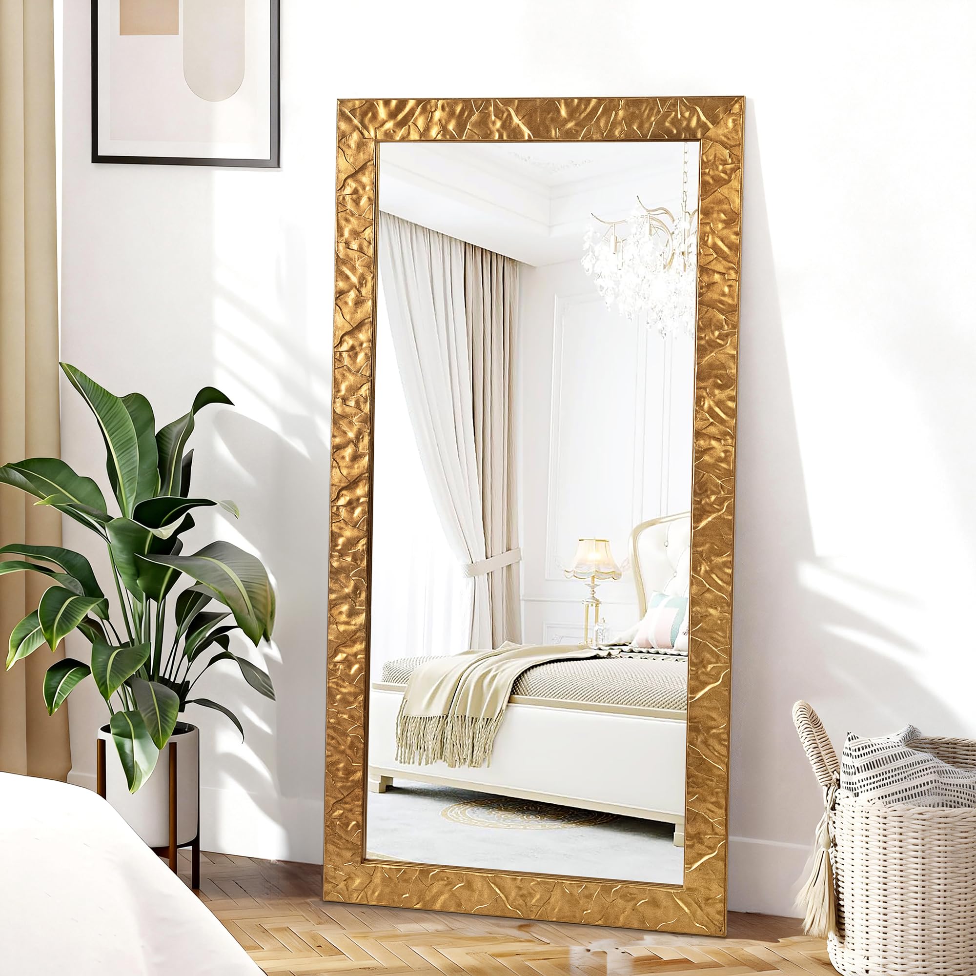 Photo 1 of Chende Rectangular Large Wall Mirror with Exclusive Gold 3D Ripple Wood Carved Frame, 61" x 31" Long Narrow Full Length Gold Mirror for Bedroom, Living Room, Bathroom, Horizontal/Vertical Hanging
