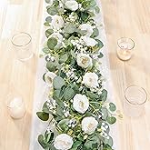 TOCHGREEN 2 Pack 13Ft Artificial Eucalyptus Flower Garland with White Roses, Fake Rose Flower Greenery Garland Floral Vines for Wedding Home Party Table Runner Decor (2PCS, White)