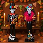 RattanView 2 Pcs 14 Inch Day of the Dead Nutcracker Sugar Skull Decor | Wooden Figures for Tables Fireplace, Mexican Fiesta Party Decor, Oktoberfest Nutcracker Centerpiece for Desktop