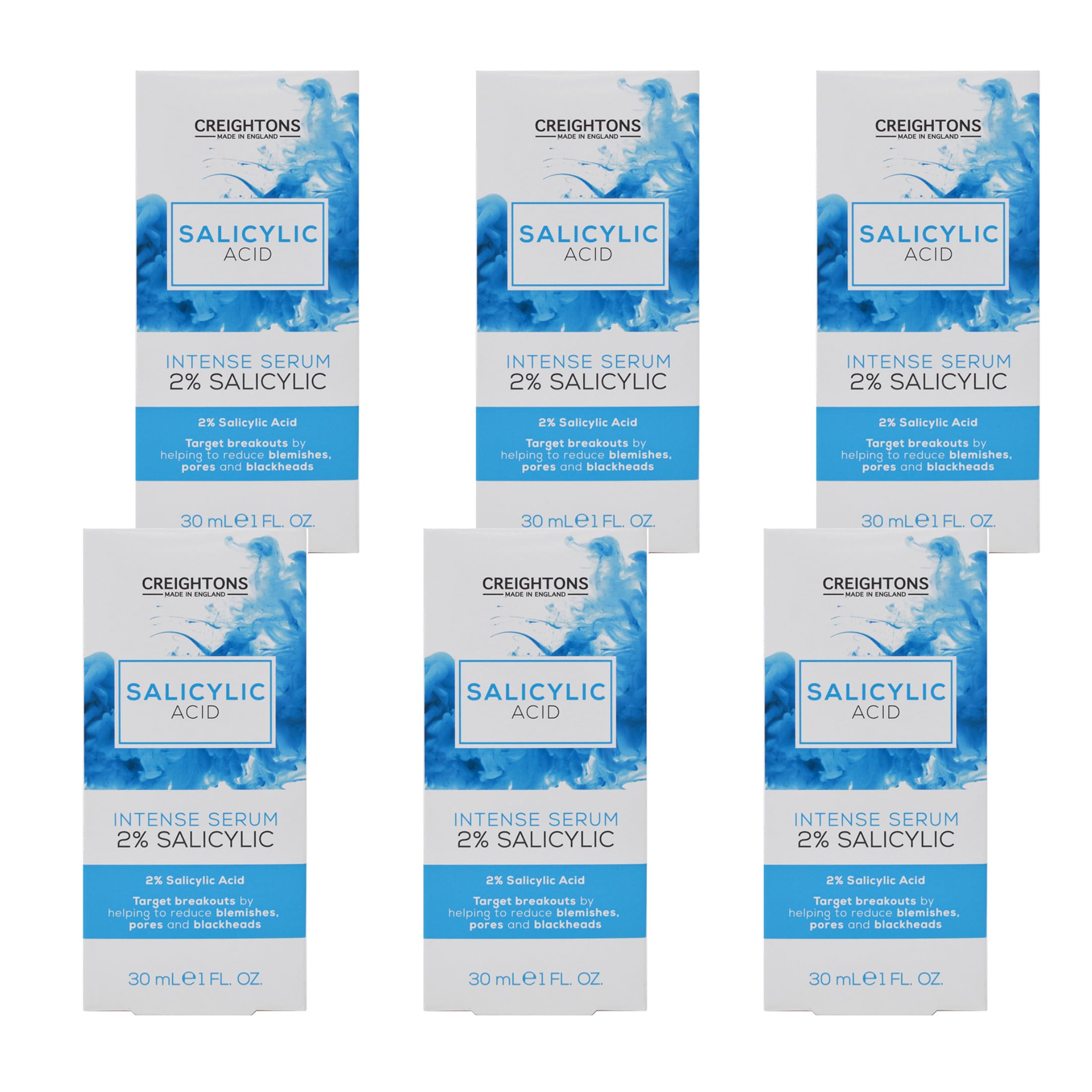 Creighton's 6 x 30ml Multipack 2% Salicylic Acid Intense Face Serum, Targets Breakouts & Helps to Reduce the Appearance of Blackheads & Blemishes, Vegan & Cruelty Free