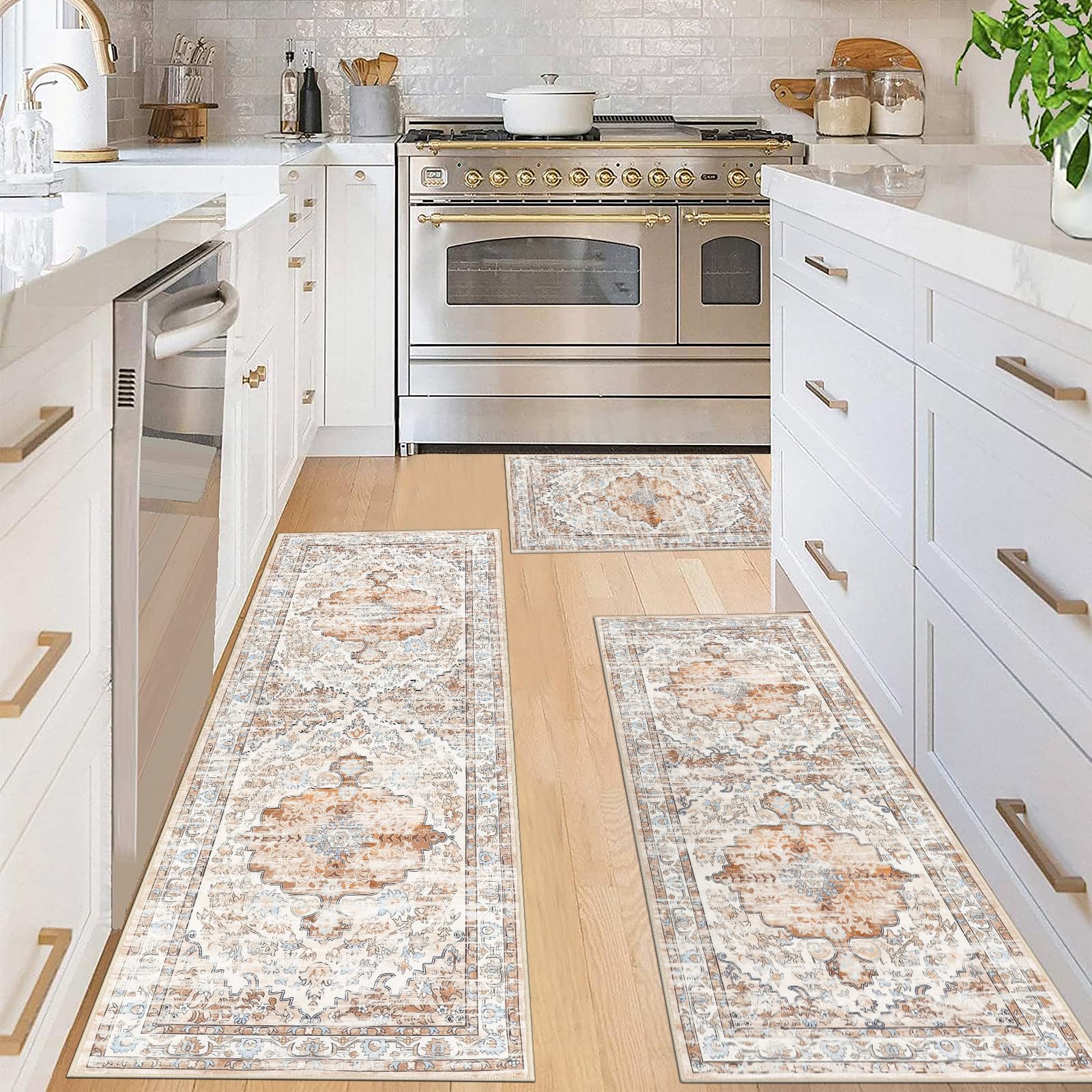 Photo 1 of Ileading Boho Kitchen Rugs Sets 3 Piece with Runner Kitchen Floor Mat Carpet Farmhouse Kitchen Rugs and Mats Non Skid Washable Runner Rug for Kitchen Floor Office Sink Laundry, Light Brown