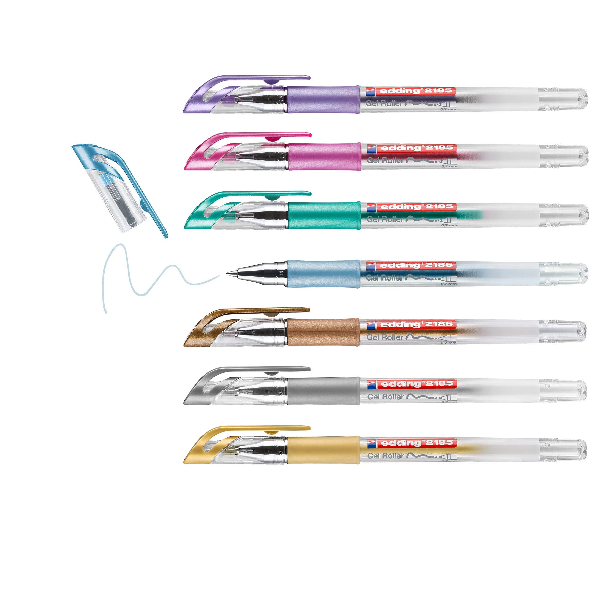 edding 2185 gel roller - gold, silver, copper, blue, green, violet, pink - set of 7 - 0.7 mm - gel pen for writing, drawing, colouring mandalas, bullet journals - glitter gel pen, colour gel pen
