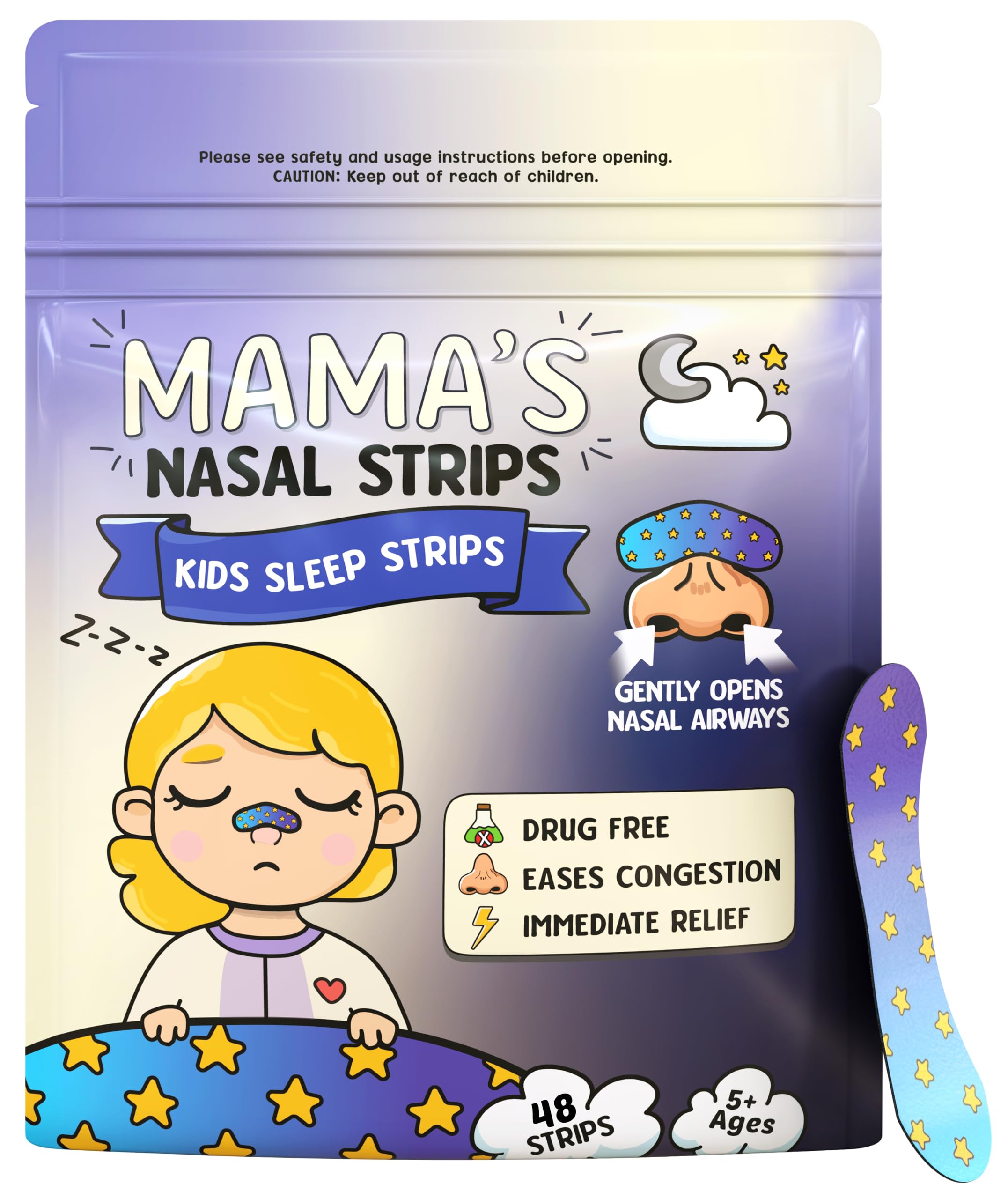 Mama's Nasal Strips for Kids, Hypoallergenic & Soft, Safe for Kids Nose Strips, Immediate Relief for Breathing and Sleeping | Easy to Use, Drug Free, and Non Toxic (48 Count (Pack of 1))