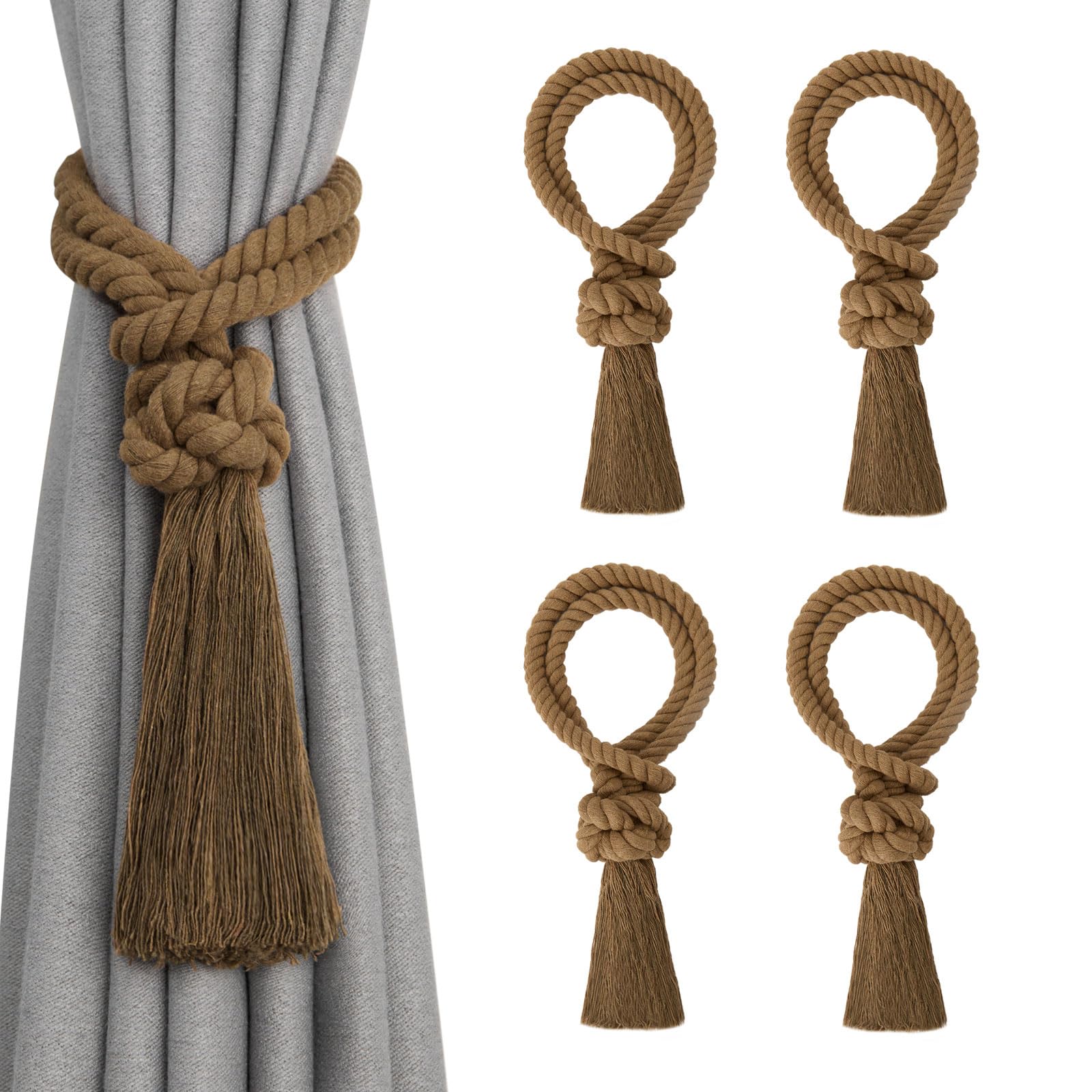 Pretty Jolly 4 Pack Natural Cotton Rope Tassel Curtain Tiebacks Boho Home Decor Drape Tie Backs Hand Woven Ball Curtain Holdbacks for Thin & Thick Home & Office Window Draperies (Khaki)