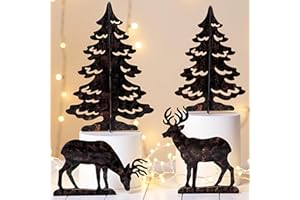 YULETIME 4-Piece Metal Christmas Reindeer and Tree Scene Silhouette Set, Winter Forest Deer & Spruce Landscape Holiday Tablet
