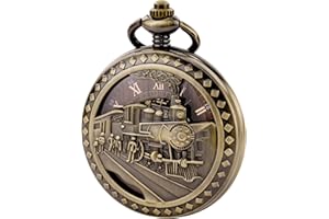 TREEWETO Antique Mens Pocket Watch Skeleton Mechanical Hollow Bronze Case 3D Steam Train Railroad Roman Numerals