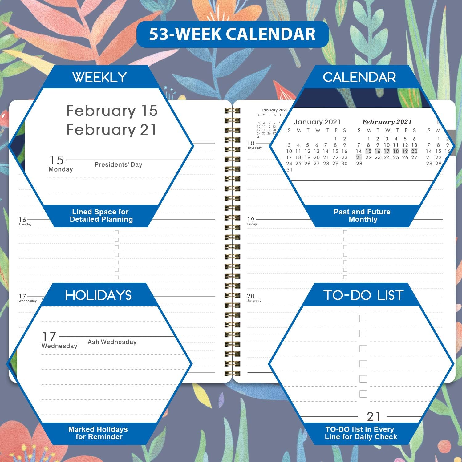 2021 Planner - Weekly & Monthly Planner with Marked Tabs, 8" x 10", Jan. - Dec. 2021, Contacts + Calendar + Holidays, Twin-Wire Binding with Thick Paper - Navy Floral : Office Products