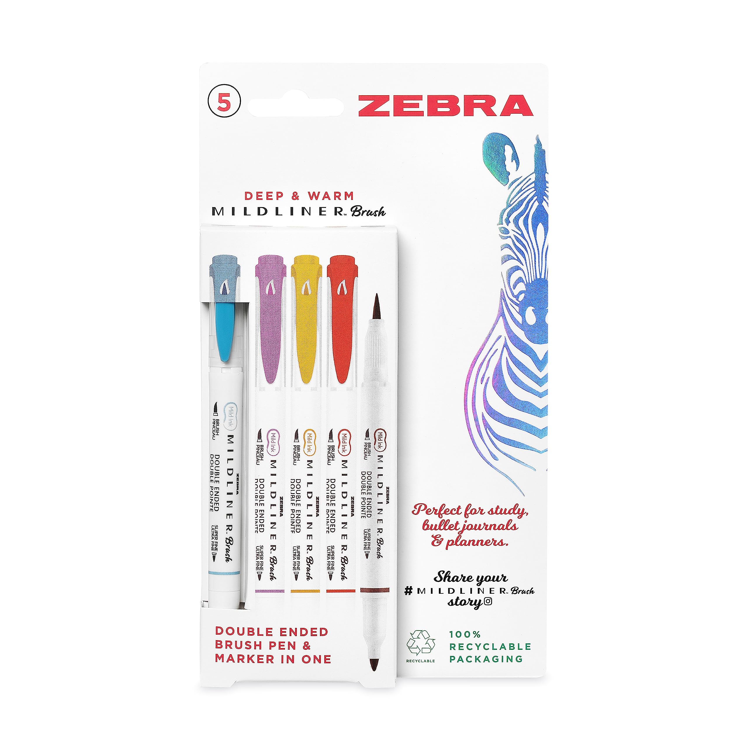 ZEBRA Pen MILDLINER Dual Tip Brush Pens, Felt Tip Pens For Adults, Bullet Tip & Brush Tip Colouring Pens For Style & Convenience, Double Ended Mildliner Colouring Pens, Deep & Warm Colours, 5pk